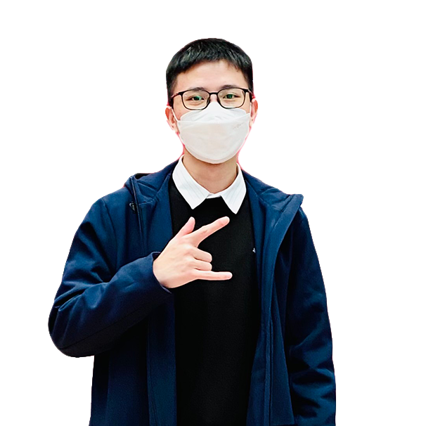 Lam is standing with his hand V shaped